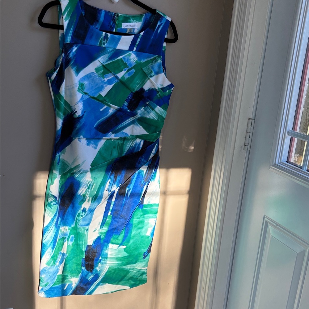 Calvin Klein Abstract Blue and Green Midi Dress